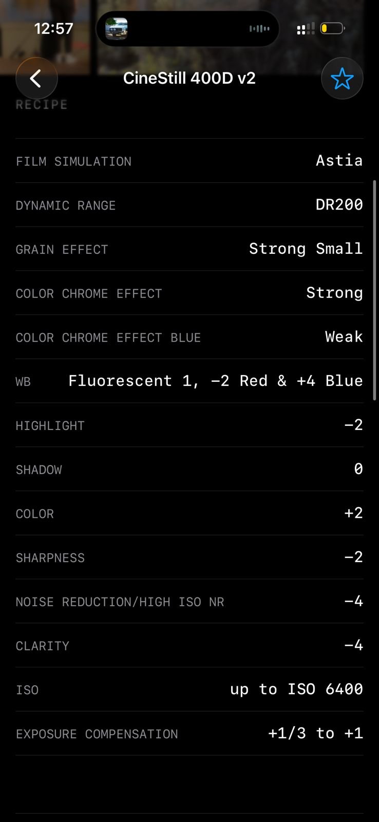 Settings for a photo edited with CineStill 400D v2 film simulation, showing various adjustments.
