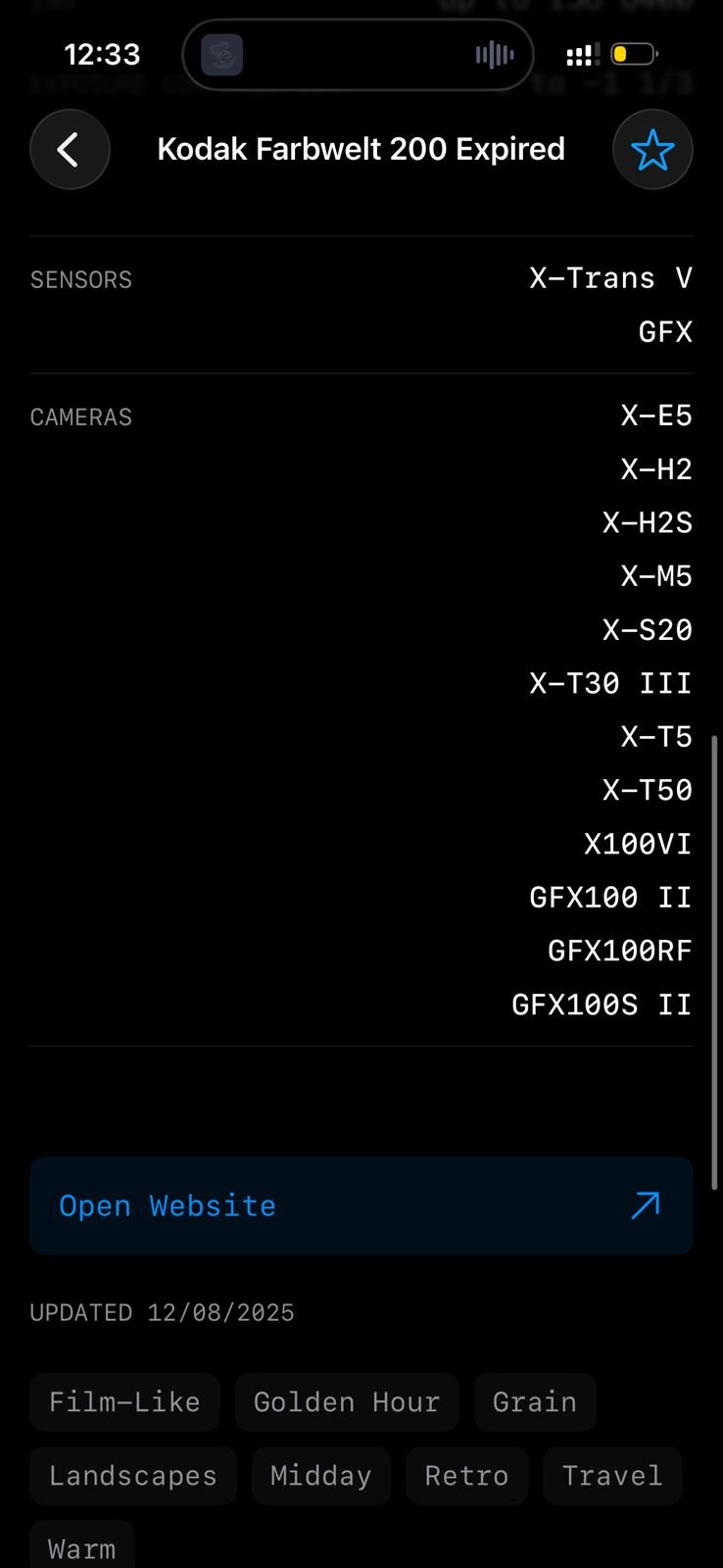 Screenshot of camera settings and film simulation details for Kodak Farbwelt 200.
