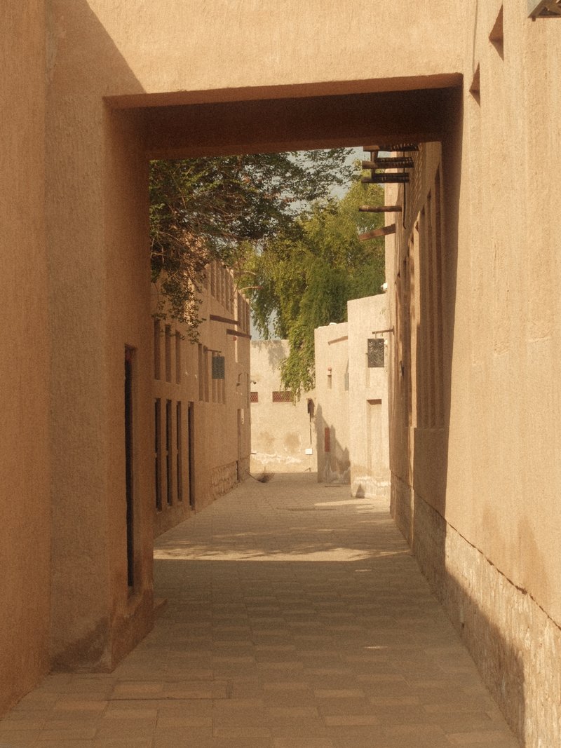 Narrow alleyway between traditional buildings with warm, earthy tones and soft sunlight.