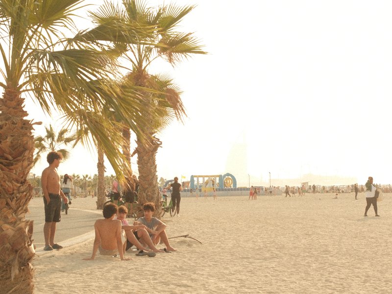 A beach scene with palm trees, people relaxing on the sand, and a distant playground.