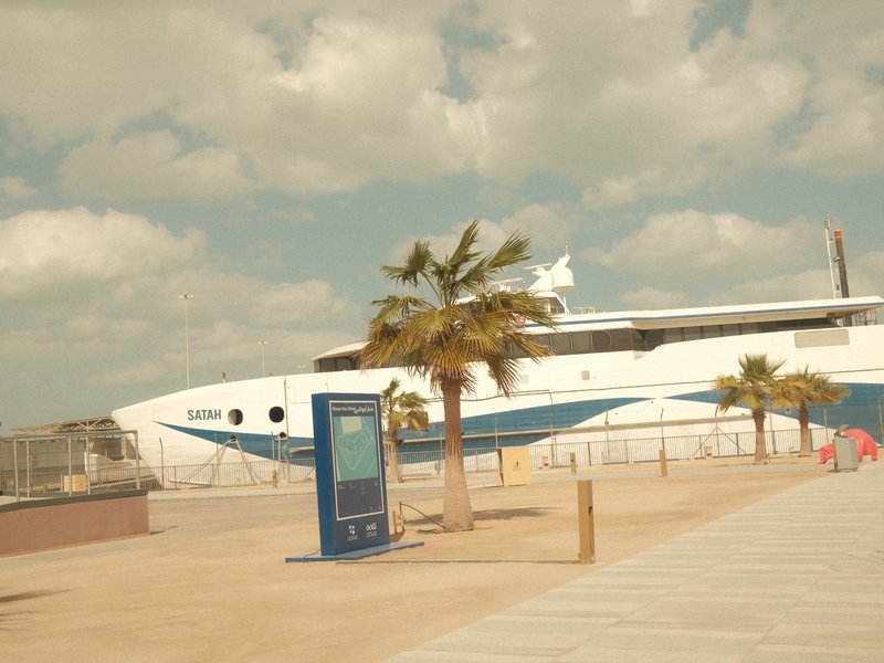 A large white and blue yacht docked near a sandy area with palm trees under a cloudy sky.