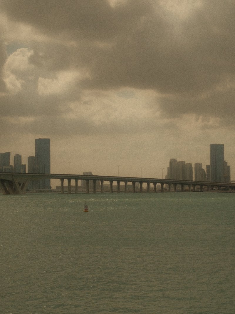 A city skyline with a bridge over water under a cloudy sky.