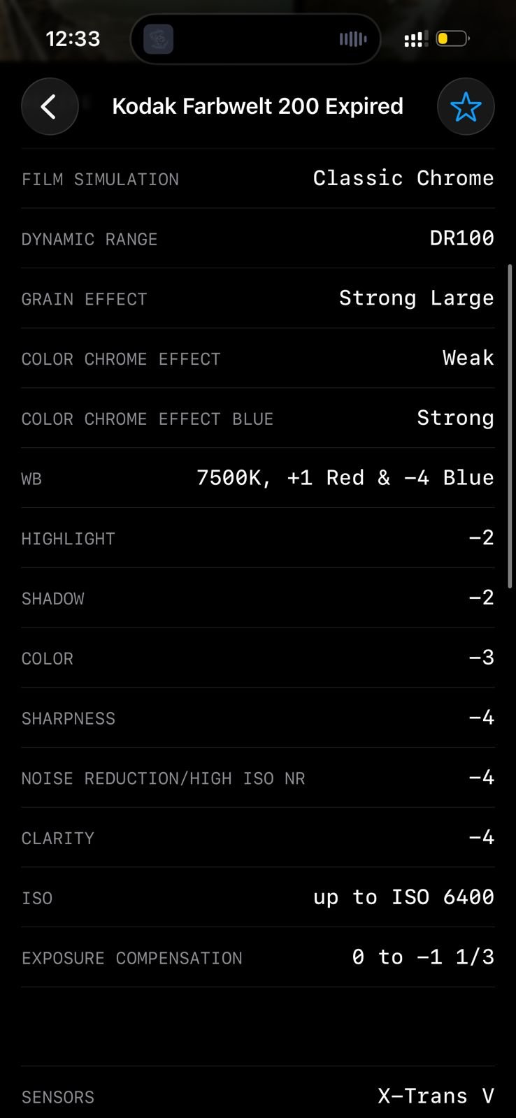 Photo settings for Kodak Farbwelt 200 film simulation with various adjustments listed.