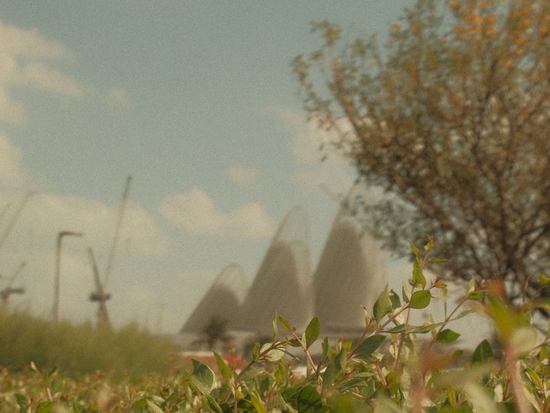 Blurry view of large conical structures in the background with green grass and a tree in the foreground.