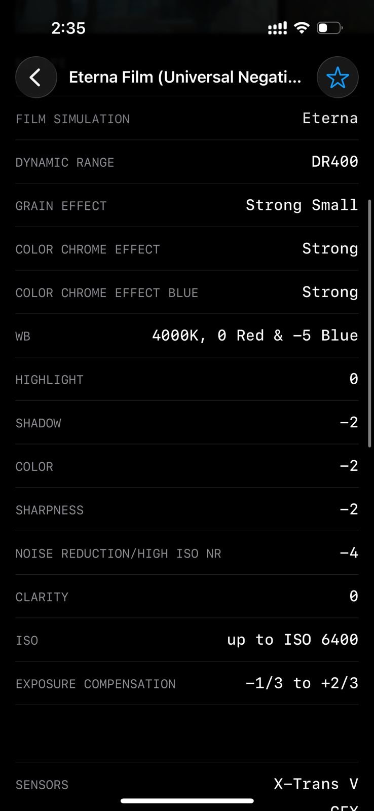 Settings for Eterna Film simulation with various adjustments for a photography application.