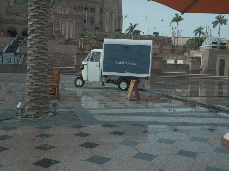 A small delivery vehicle parked on a wet plaza with palm trees and a building in the background.
