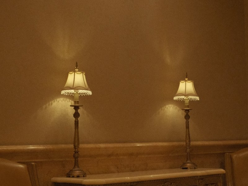 Two elegant table lamps with soft light casting shadows on a textured wall.