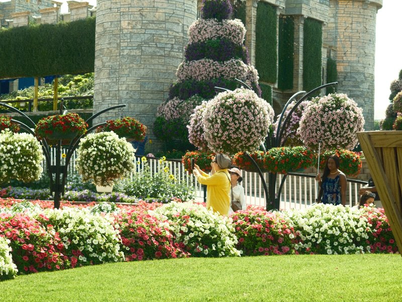 Children playing in a vibrant flower garden with unique topiary and colorful blooms.