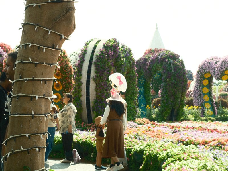 A vibrant flower garden with colorful floral displays and people enjoying the scenery.