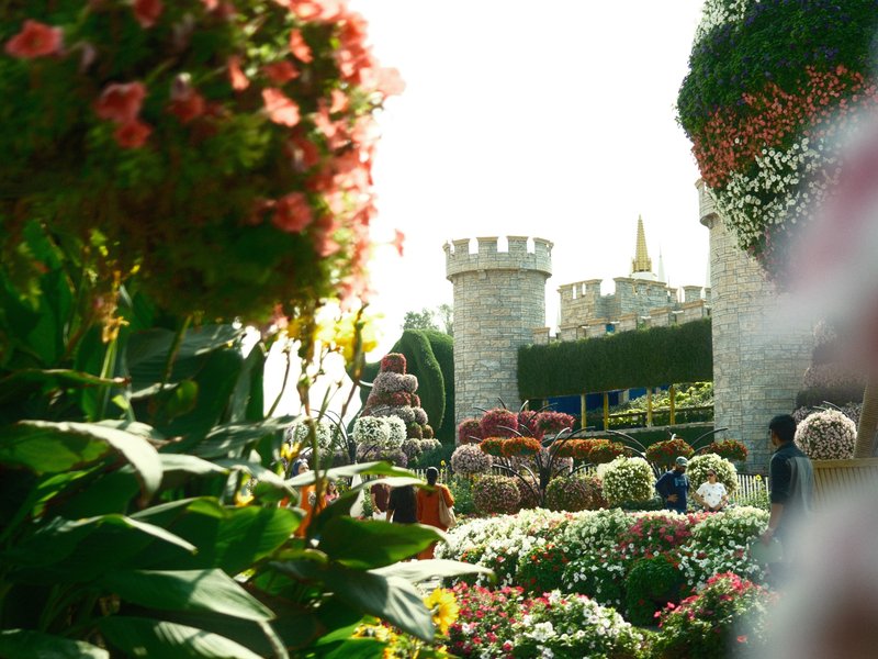 A vibrant garden scene with colorful flowers and a castle in the background under bright sunlight.