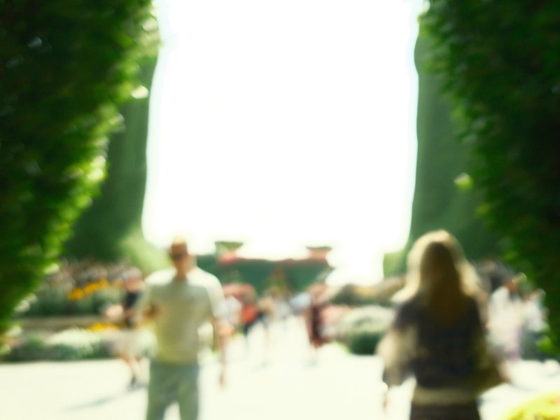 A blurred scene of people walking through a vibrant garden with tall hedges framing the view.