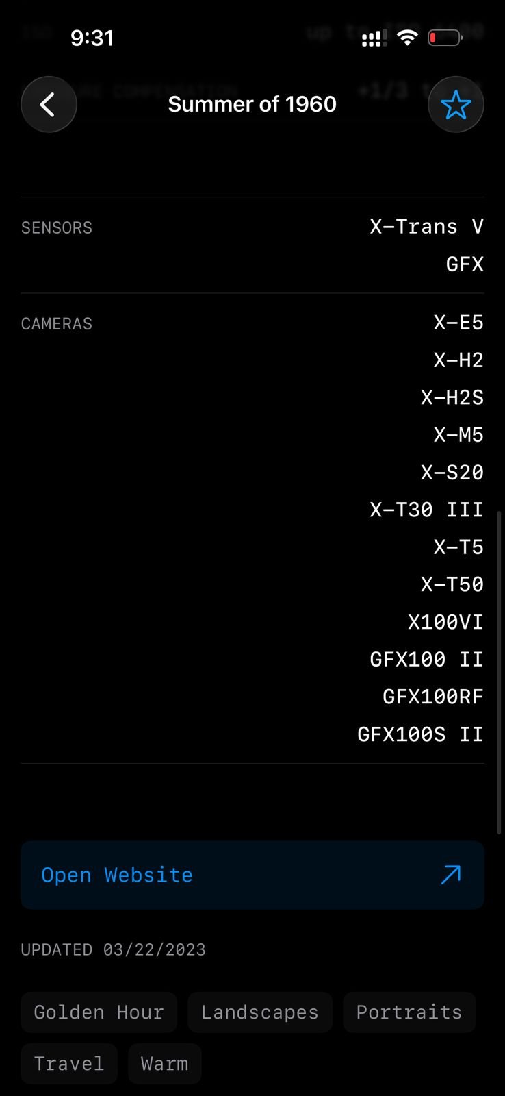 Screenshot of camera settings and models with a title 'Summer of 1960'.