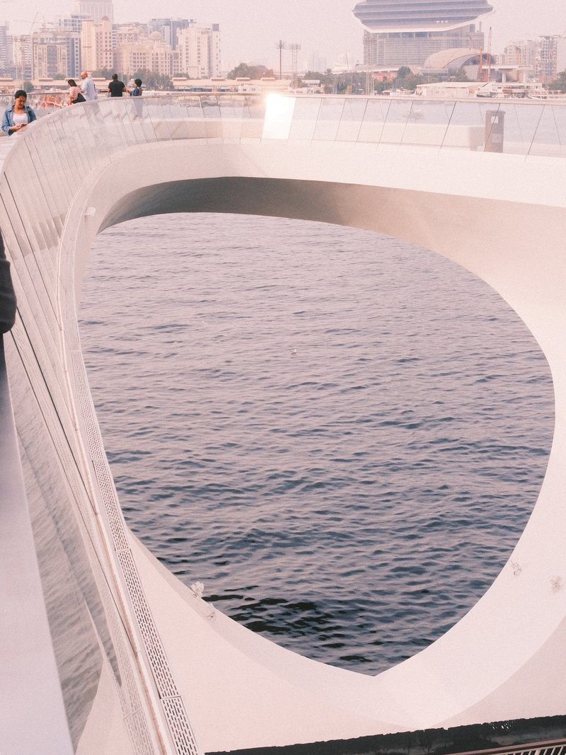 A modern architectural bridge with a curved design overlooking a calm body of water and city skyline.