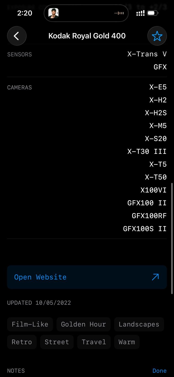 Screenshot of camera settings and film simulation details for a photo taken with Kodak Royal Gold 400.
