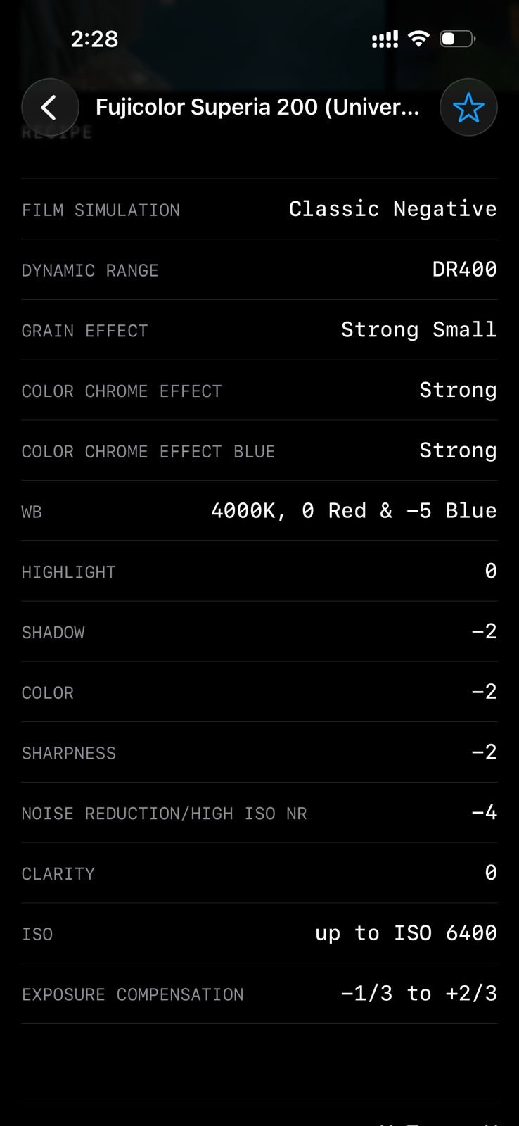 Settings for Fujifilm film simulation showing Classic Negative with various adjustments.