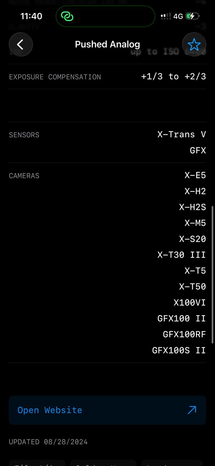 Screenshot of camera settings and specifications for Fujifilm cameras.