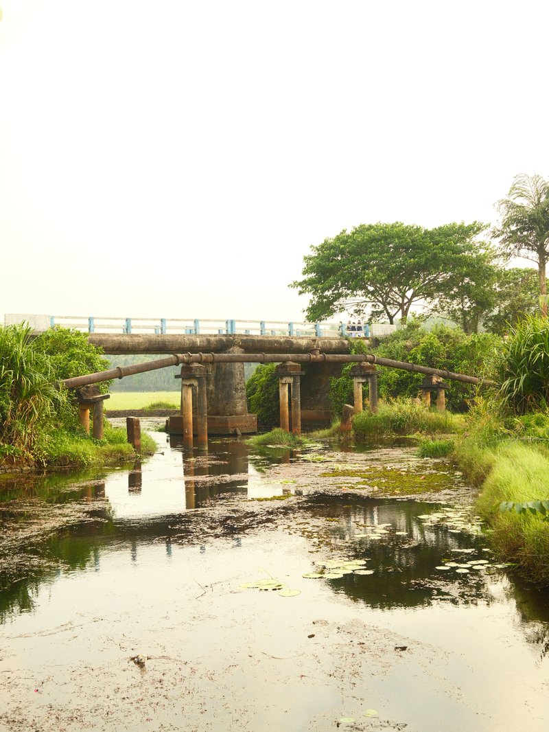 A stone bridge over a calm waterway surrounded by lush greenery and trees under a hazy sky.