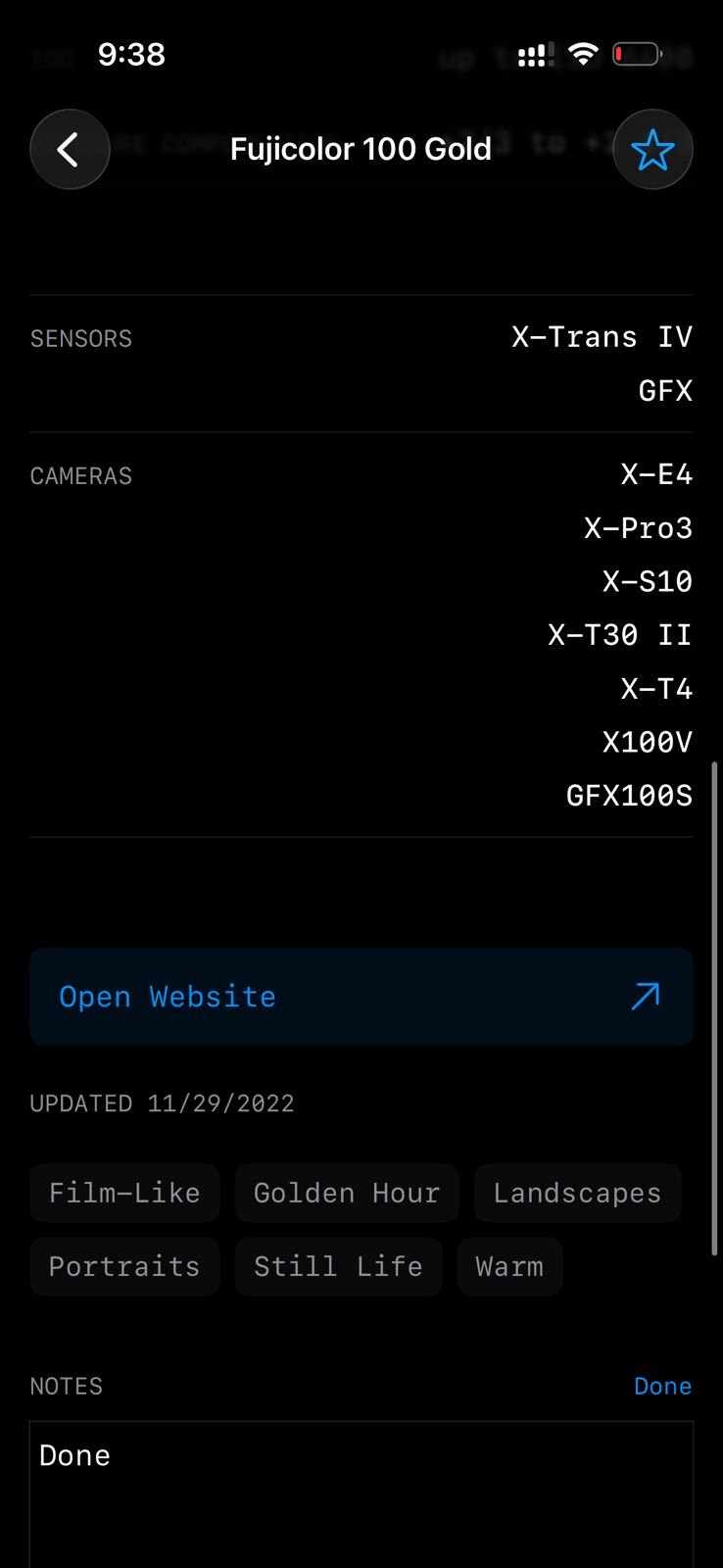 Screenshot of Fujifilm film simulation settings with camera details and metadata.