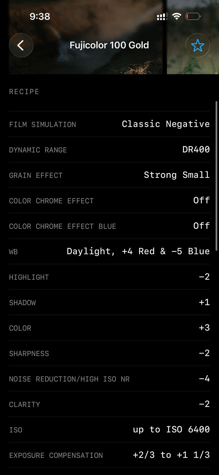 Settings for Fujifilm film simulation recipe with various adjustments listed.