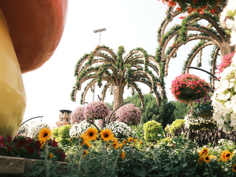 Colorful flower garden with palm trees and a large fruit sculpture in the foreground.