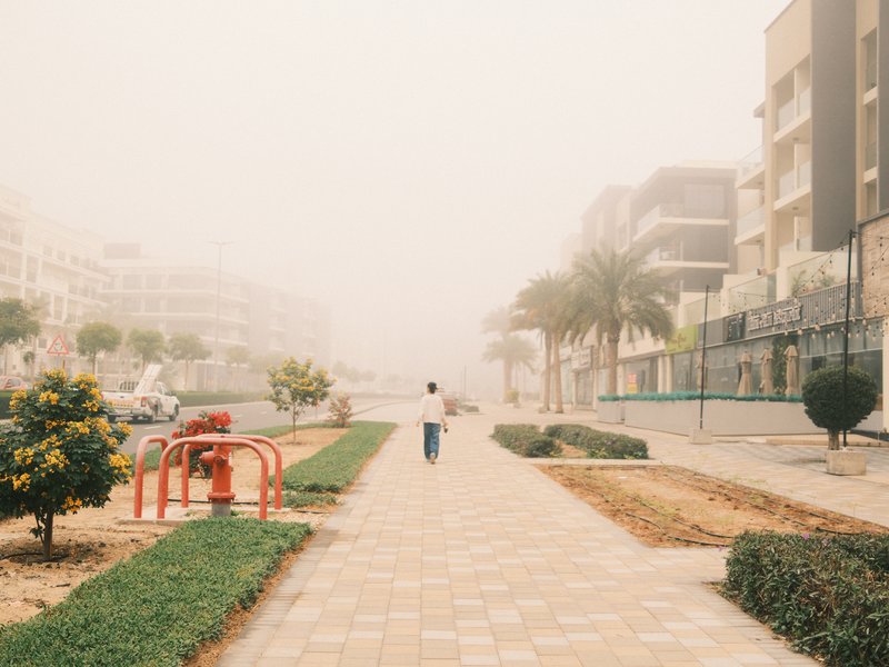 A person walking down a foggy street lined with buildings and greenery.