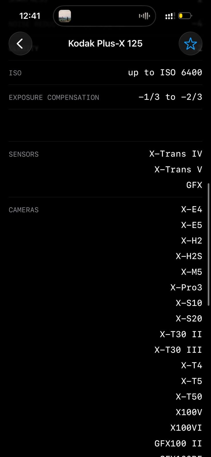 Screenshot of camera settings and specifications for Kodak Plus-X 125 film simulation.