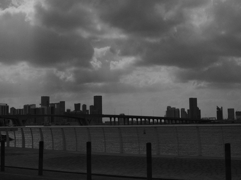 Silhouette of a city skyline against a cloudy sky, with a waterfront in the foreground.