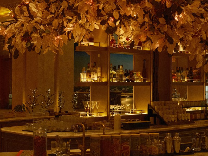 A cozy bar interior with warm lighting and decorative foliage overhead.
