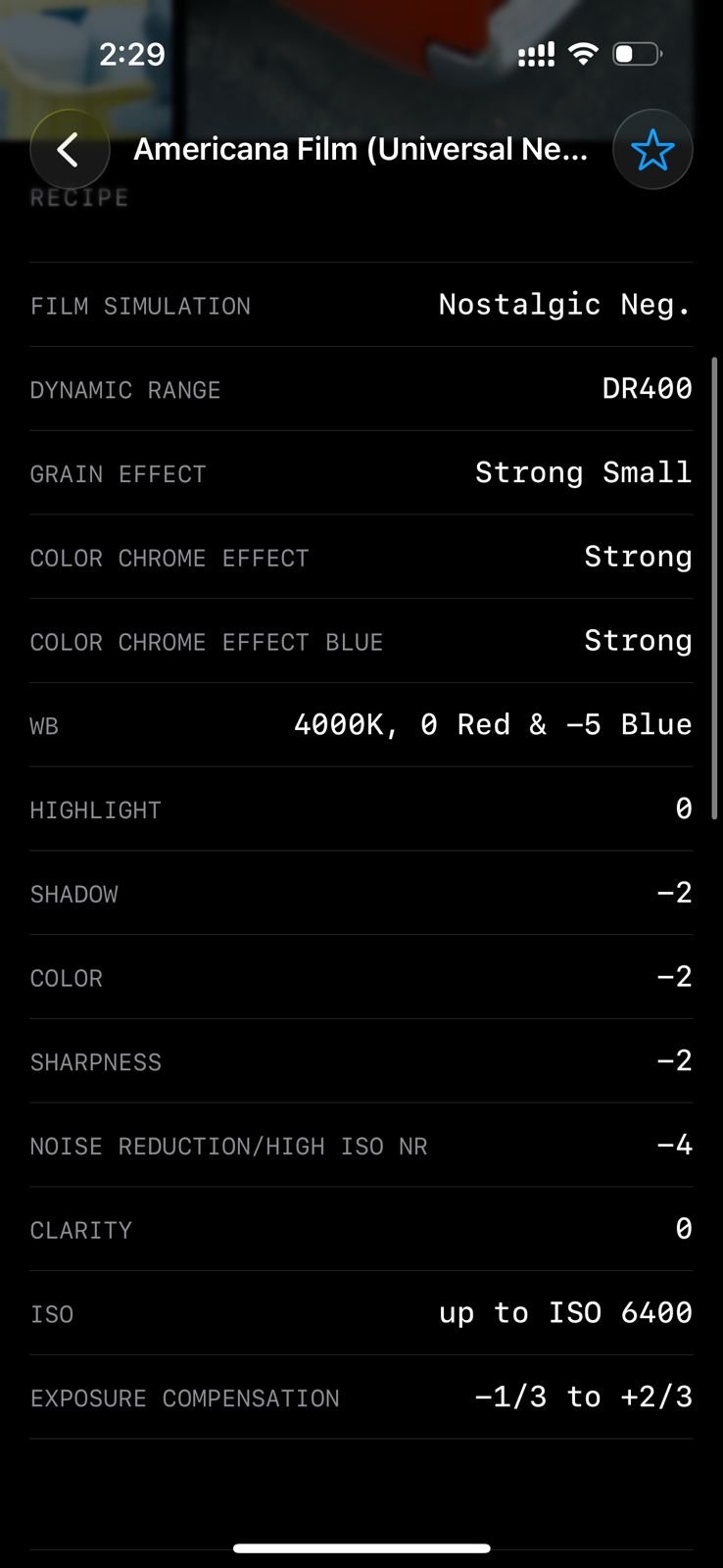 Photo editing settings for Americana Film simulation with various adjustments listed.