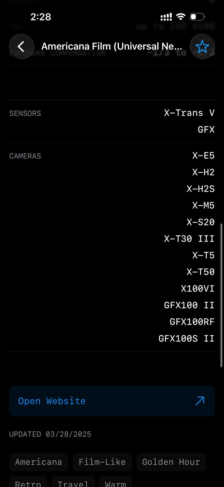 Screenshot of a mobile device displaying camera and sensor information for Fujifilm film simulation.