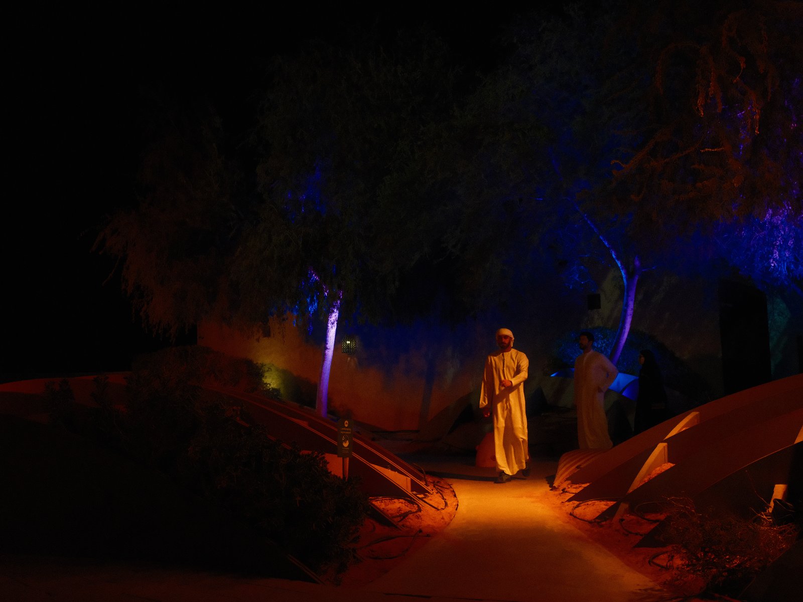Two figures walking along a path illuminated by colorful lights in a dark setting.
