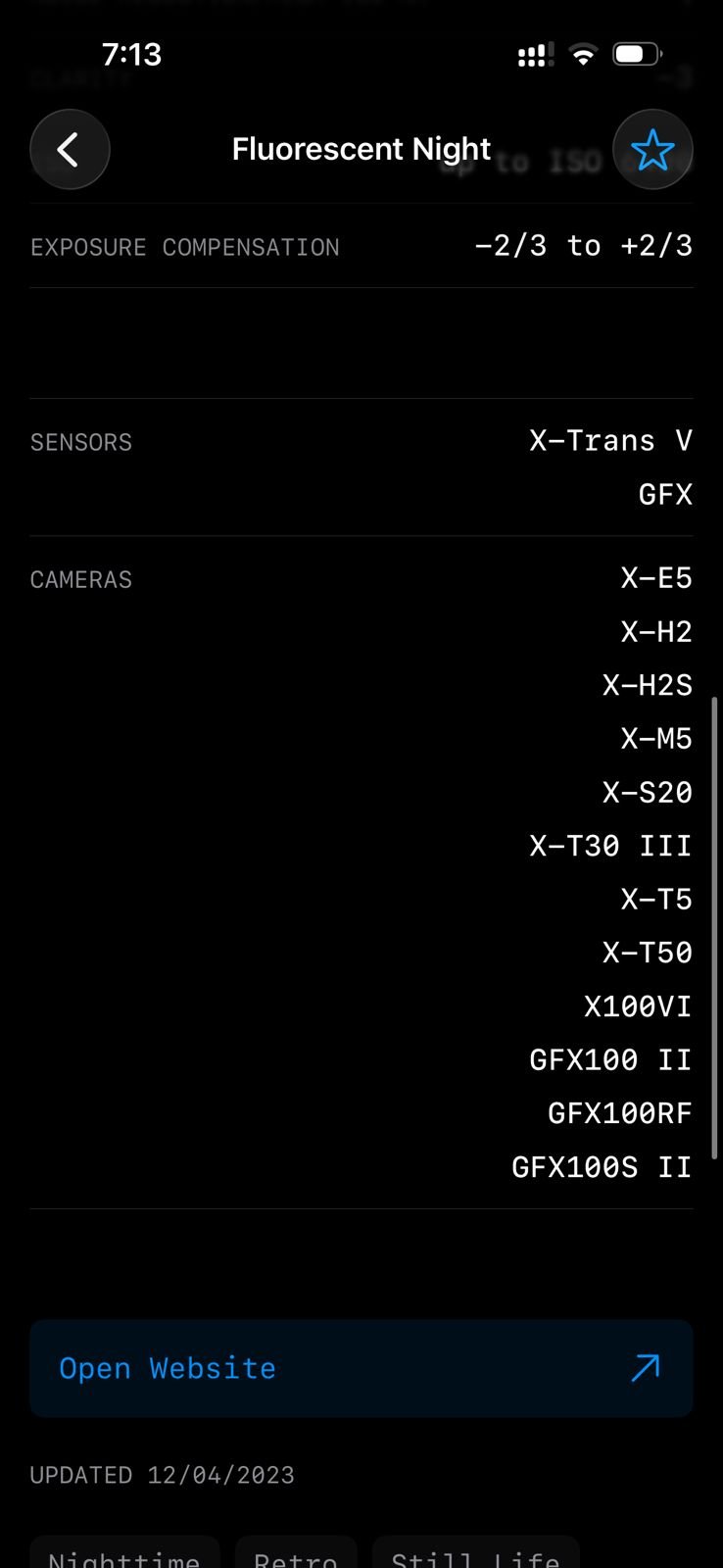 Screenshot of camera settings and specifications for Fujifilm film simulation.