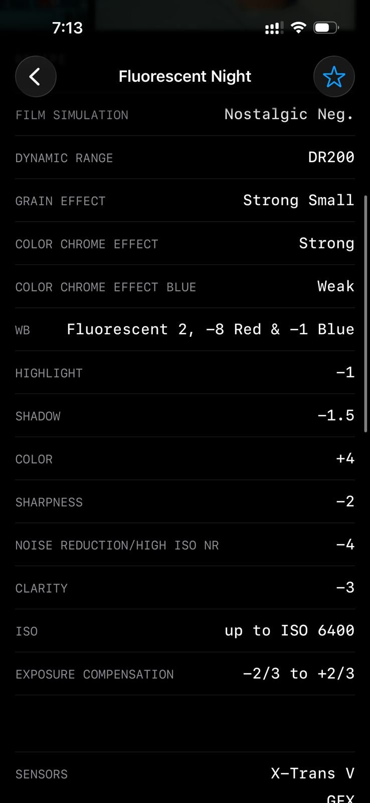 Settings for a Fujifilm film simulation recipe titled 'Fluorescent Night' with various adjustments.