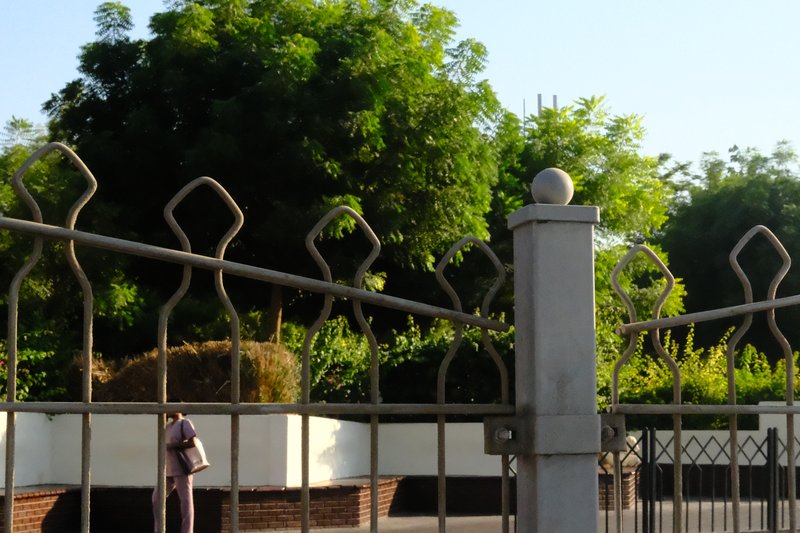 A close-up of a decorative metal fence with a lush green tree in the background under clear blue skies.