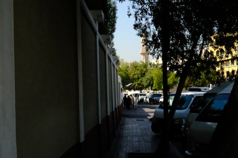 Narrow urban walkway with parked cars and trees, leading to a distant tower under a clear blue sky.
