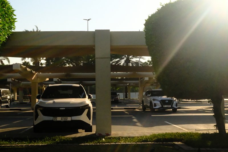 Two parked cars under a shaded structure with sunlight filtering through, surrounded by greenery.