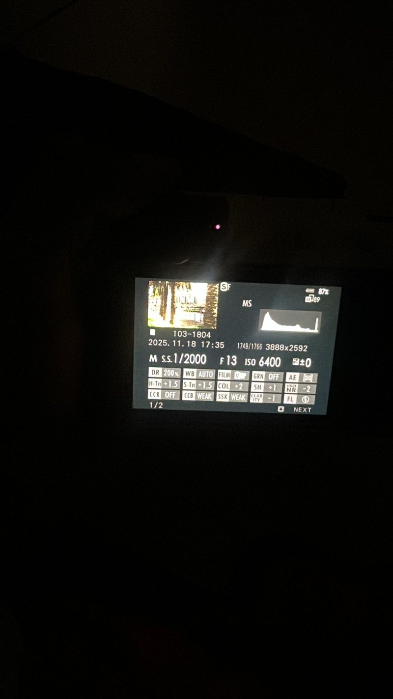 Camera display showing settings in low light with a blurred background.