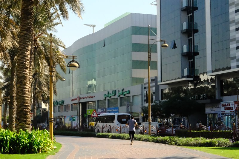 A sunny urban scene with a person jogging along a palm-lined pathway next to modern buildings.