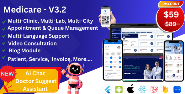Medicare: Hospital & Clinic Management System + Lab Module – Multi/Single City & Clinic, Web & Apps