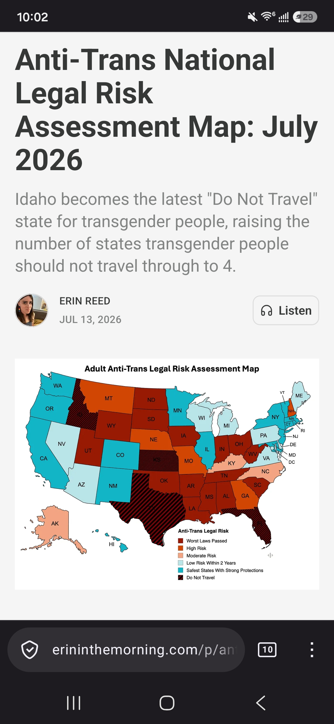 Map of the UK where states are coloured in by risk to trans people up to and including "do not travel"