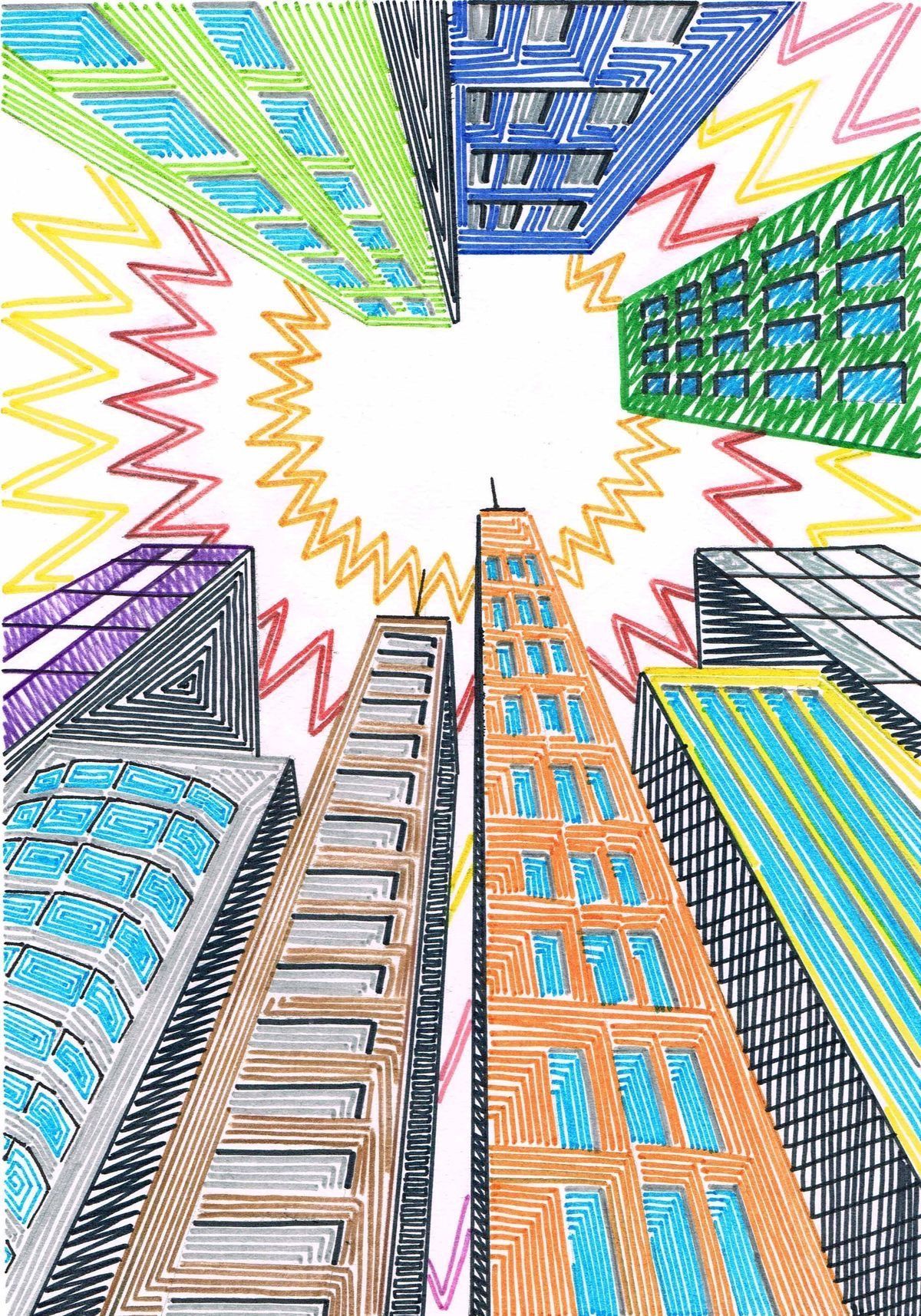 Looking Up: Colorful Geometric City Drawing visual reference