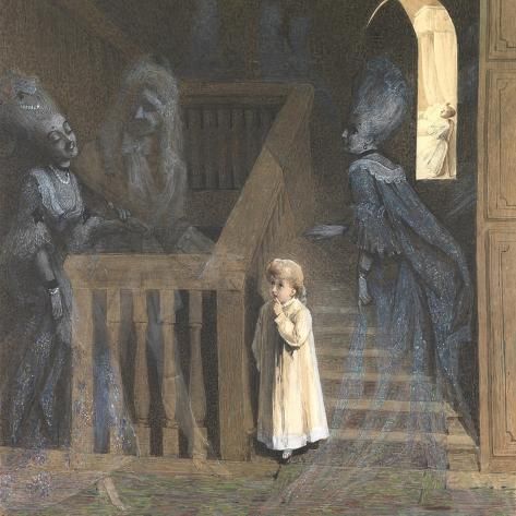 A Dark Victorian Staircase Painting with Ghostly Atmosphere visual reference