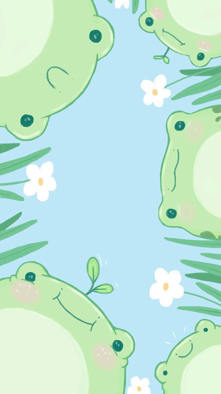 Whimsical Green Frog Circle: A Playful Floral Illustration visual reference