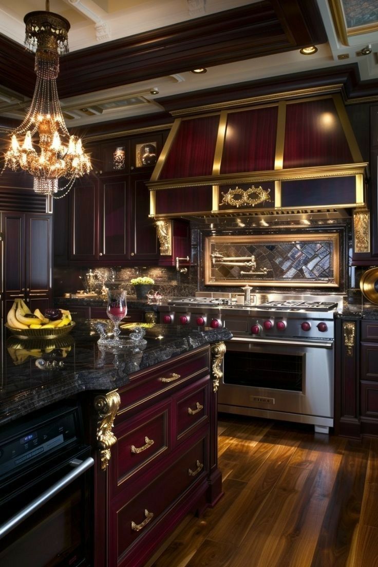 A Burgundy-and-Gold Kitchen That Embraces Full Luxury visual reference