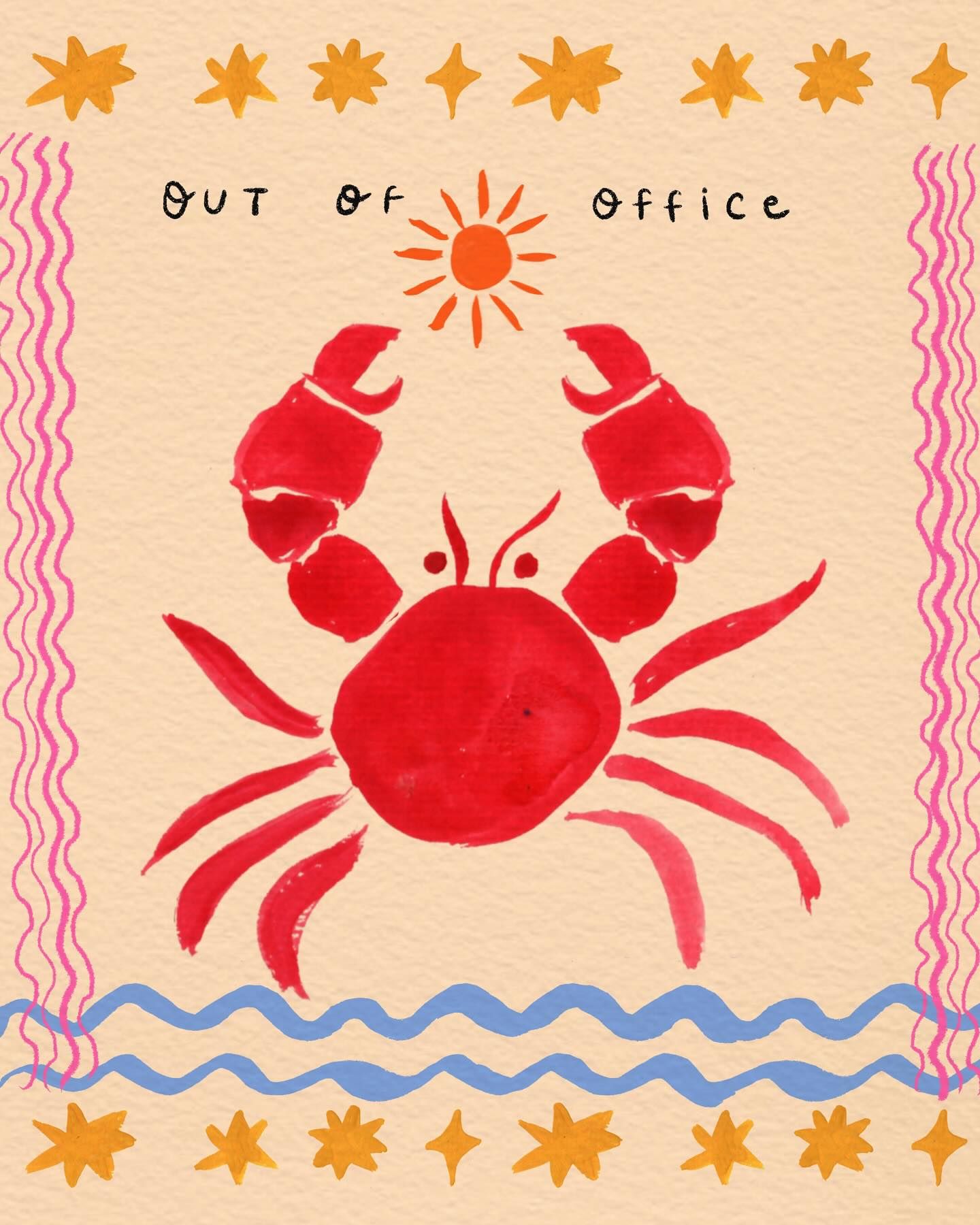 “Out of Office” Red Crab Watercolor Poster: Humor with Coastal Charm visual reference