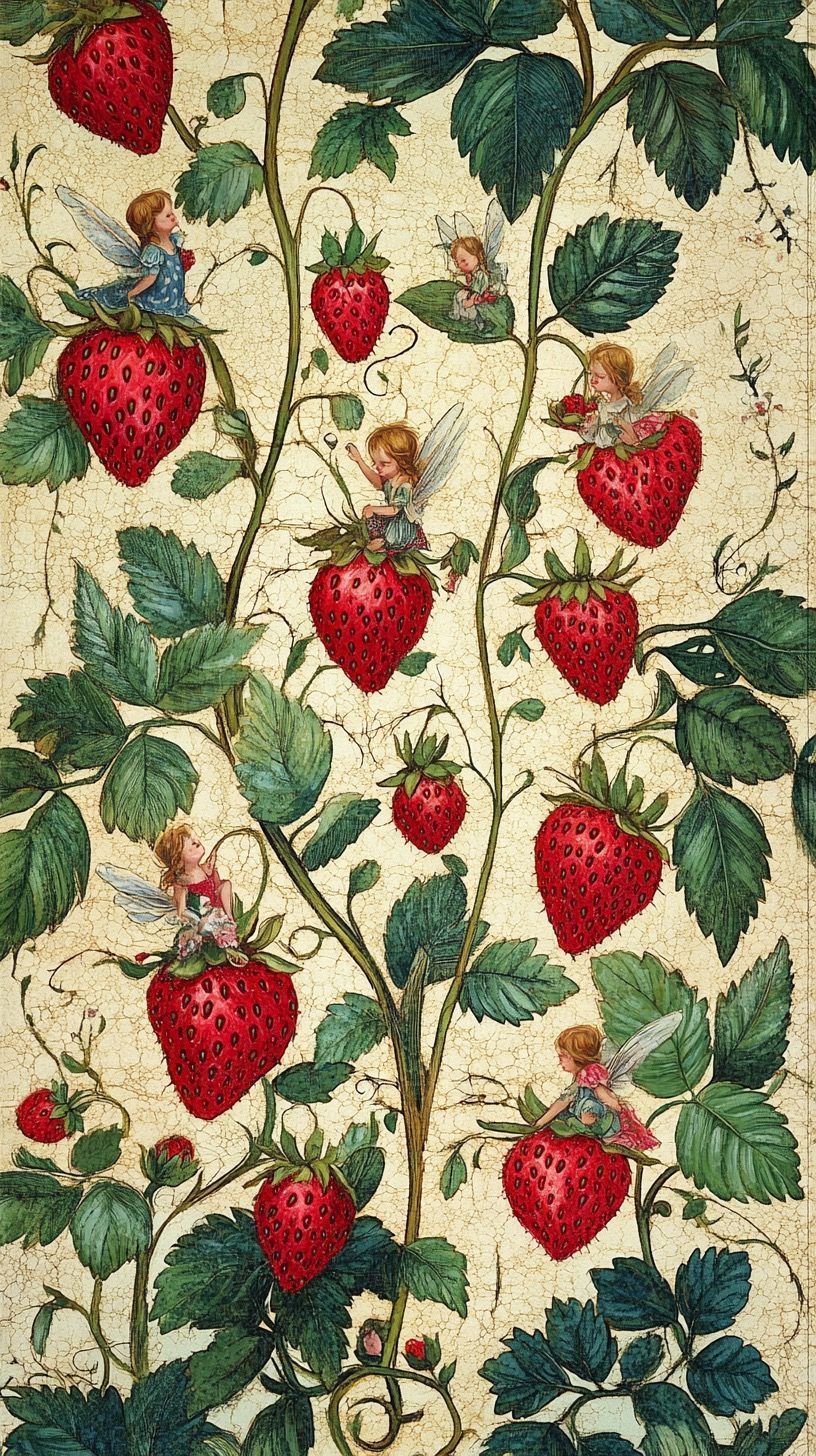 Strawberry Fairies in a Vintage Botanical Garden visual reference