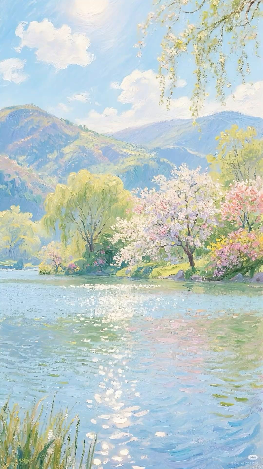 A Sunlit Mountain Lake Painting Filled with Spring Color visual reference