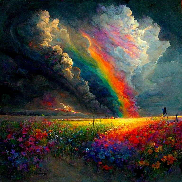 A Rainbow Breaking Through Storm Clouds Over a Flower Field visual reference