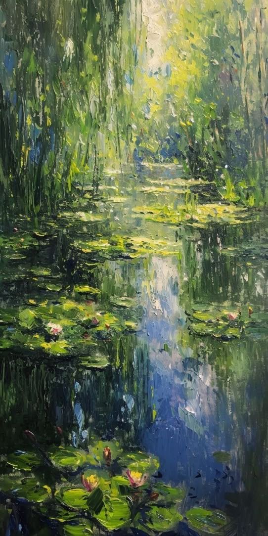 A Green Water-Lily Pond Painted with Impressionist Softness visual reference