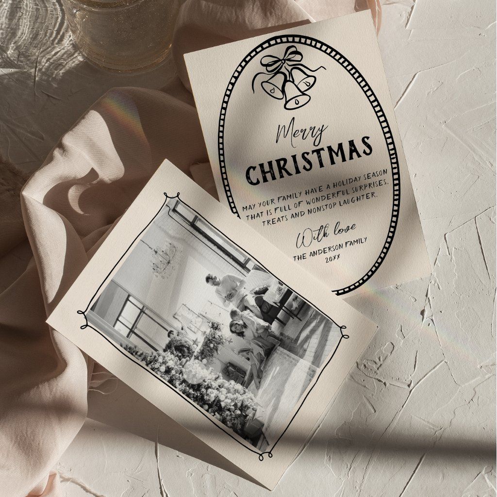 Vintage Hand Drawn Bells Frame Photo Christmas Holiday Card fashionstation 100626 17337